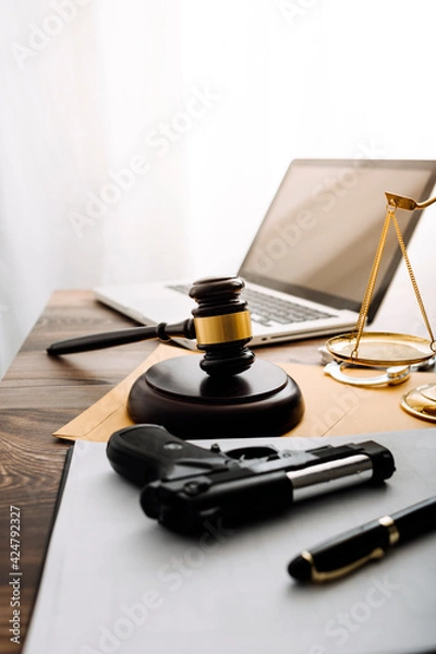 Fototapeta Business and lawyers discussing contract papers with brass scale on desk in office. Law, legal services, advice, justice and law concept