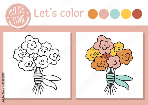 Fototapeta Holiday coloring page for children. Funny rose bouquet picture. Vector outline illustration with cute present. Adorable spring flower arrangement color book for kids with colored example.