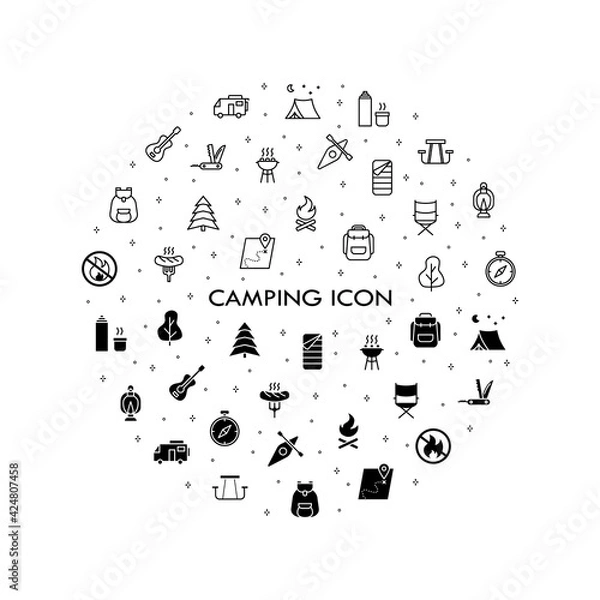 Fototapeta Camping, travel and picnic icons set. Line style icons for web and ui design. Contains such as tent, compasses, mountain and other camping equipment. Suitable for campsites, camp fires and adventures