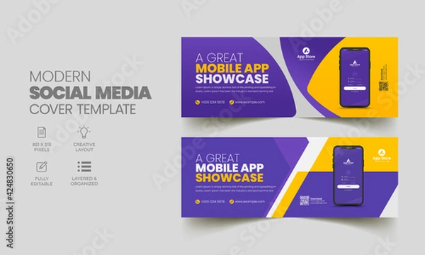 Fototapeta Mobile app promotion social media timeline cover and web banner template 