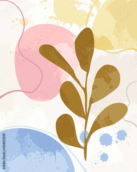 Fototapeta Illustration vector EPS print hand draw painted abstract shapes with plant botanical garden contemporary mid century boho modern art Scandinavian nordic design style