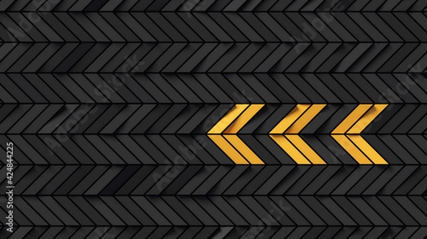 Obraz Abstract black rectangular background with yellow fields showing arrow; dark pattern with chevron arrow graphic; minimal cubical backdrop; simple geometric mesh; 3d rendering, 3d illustration