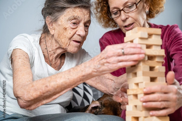 Fototapeta Dementia therapy. Social worker and dog plays an educational board game with senor patient at nursing home. Jenga game. Caregiver, pet and elderly female build tower of blocks in retirement home