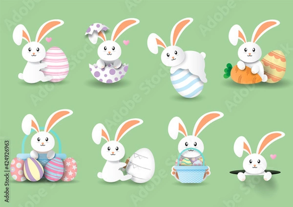 Fototapeta Set of Easter bunny isolate on green background.