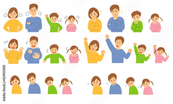 Fototapeta 4人家族の表情、喜怒哀楽