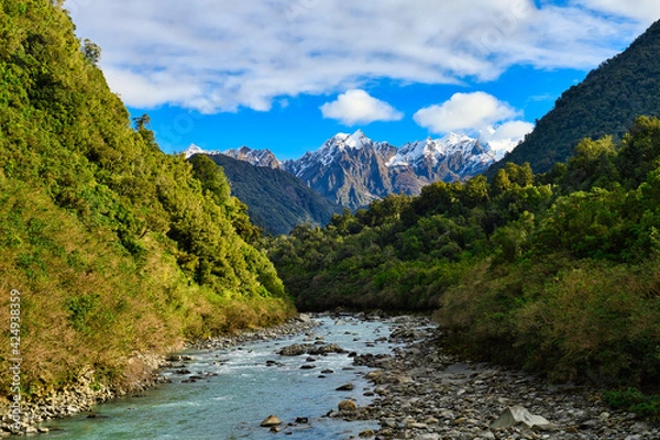Fototapeta Turquoise water stream And river rocks, flowing between the mountains , In the center of the image there is a snowy mountain top, natural view in the rural of Franz Josef, South Island New Zealand