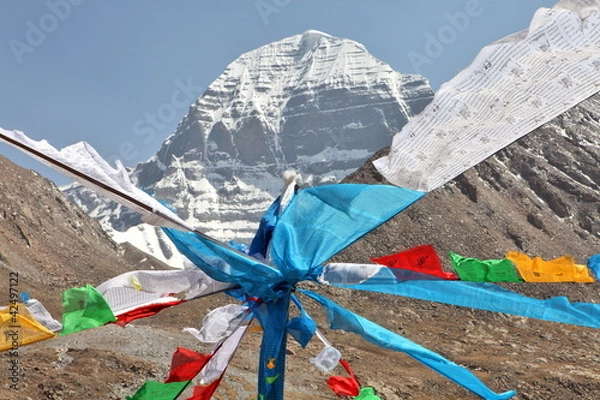 Fototapeta Mount Kailash in Tibet and Buddhist prayer flags
