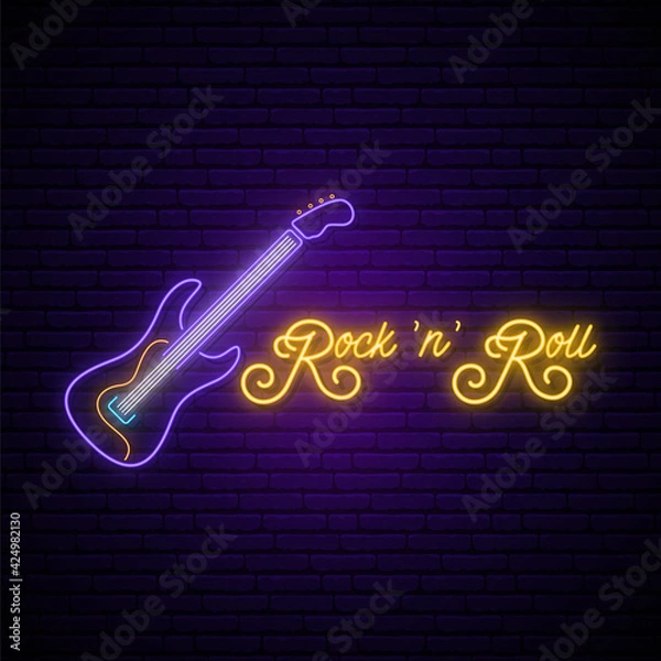 Fototapeta Neon Rock and Roll music sign. Glowing rock guitar icon and text on brick wall background. Music emblem. Vector illustration in neon style.