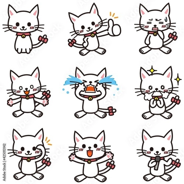 Fototapeta 泣いたり笑ったり興奮したりしている白い猫のセット