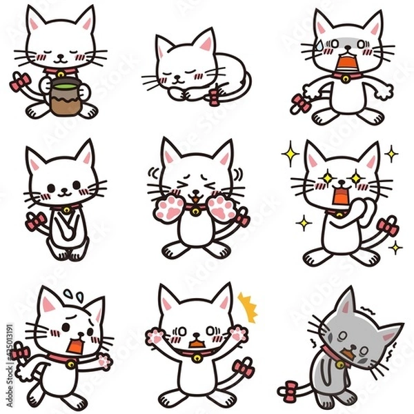 Fototapeta ときめいたりショックを受けたりモジモジしたりしている白い猫のセット