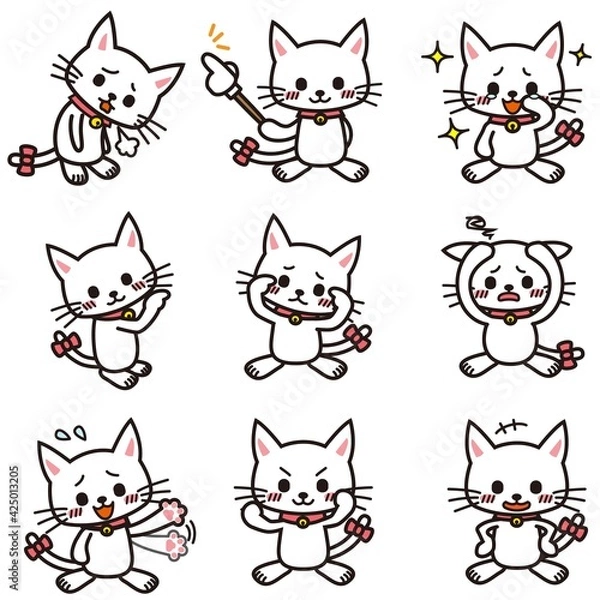 Fototapeta 感激したり悩んだり溜息をついたりしている白い猫のセット