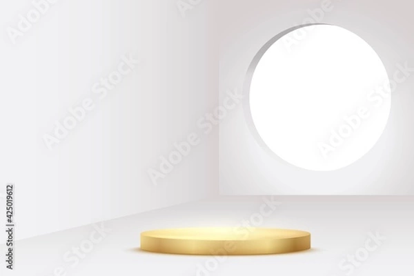 Fototapeta Round golden podium and circle window view background. Platform for product presentation vector illustration. Abstarct interior design for presentation display.
