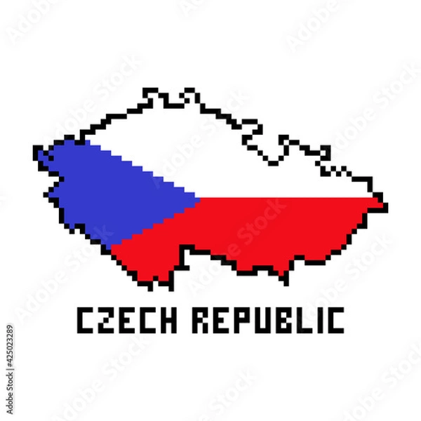 Fototapeta 2d 8 bit pixel art Czech Republi map covered with flag isolated on white background. Old school vintage retro 80s, 90s platform computer, video game graphics. Slot machine design element.