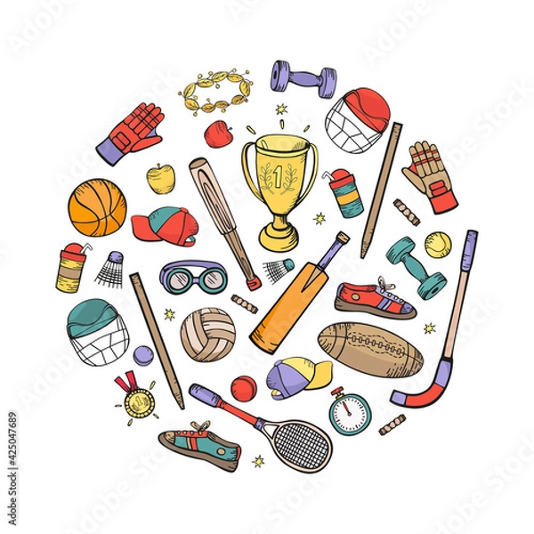 Obraz Sports equipment, uniforms, accessories vector hand drawing set in the shape of a circle. Color illustration isolated on white background.