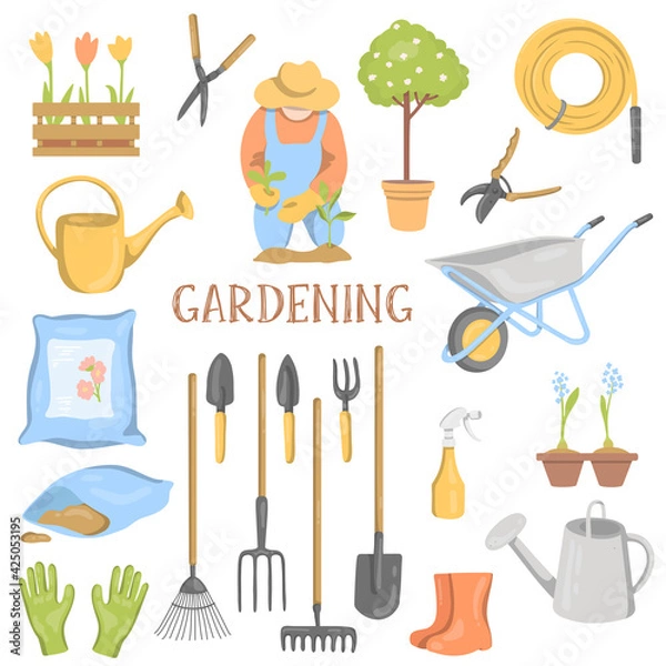 Fototapeta Collection of garden tools and plants. Garden and spring set, hand-drawn elements. Colorful vector illustration on a white background.