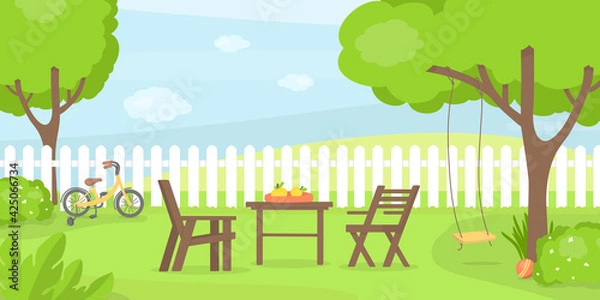 Fototapeta Back yard with grass, trees and shrubs. Children's swing, bicycle and ball, table and chairs garden furniture on the background of the fence. Place to play, relax and party. Vector illustration.