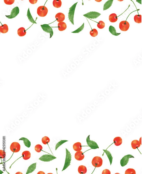 Fototapeta さくらんぼ　サクランボ　チェリー　黄色　枠　上下　手描き　イラスト
