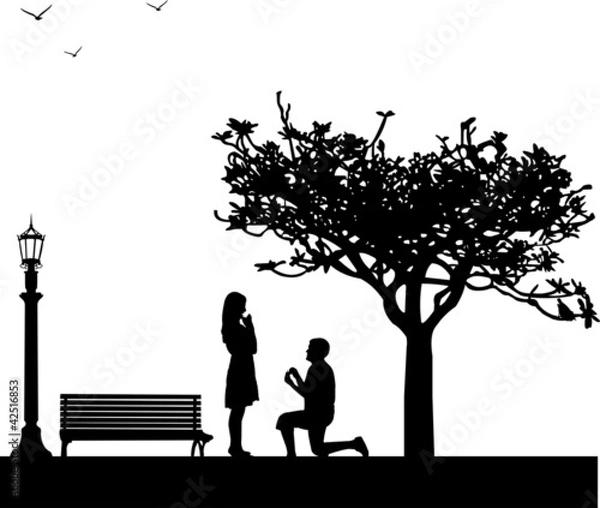 Fototapeta Romantic proposal in park under the tree silhouette