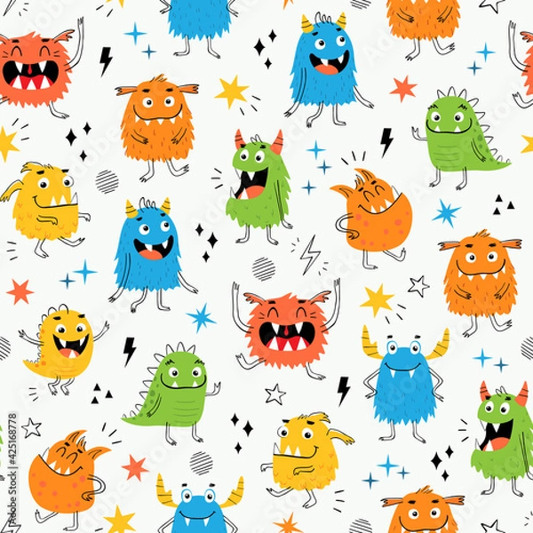 Obraz Vector seamless pattern of funny colorful monsters for kid's design