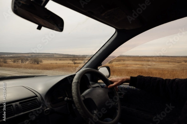 Fototapeta view from car window of field, sky and wildlife and blurred people hand behind the wheel. car trips local tourism. the real moment of hitchhiking. blog tourism content. selective focus