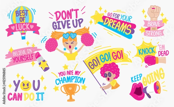 Fototapeta Cute and fun hand drawn graphic elements vector set with handwriting words for cheering or encouraging.