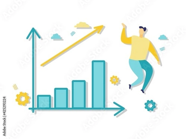 Fototapeta Flat illustration of businessman jumping next to blue chart. Beautiful flat illustration in blue and yellow. Business and finance concepts.