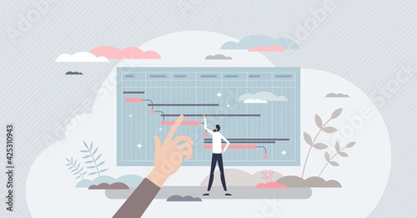 Fototapeta Project milestones tracking and progress period control tiny person concept