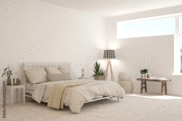 Fototapeta Soft color bedroom interior. Scandinavian design. 3D illustration