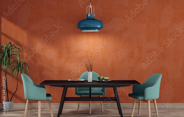 Obraz 3D render of  interior with table chair and lamp
