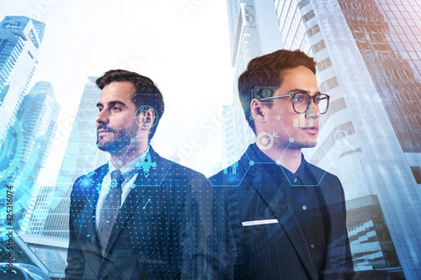 Fototapeta Two handsome businessman in suits thinking about career opportunities at research and development department at international consulting company. Hologram icons over Singapore background.
