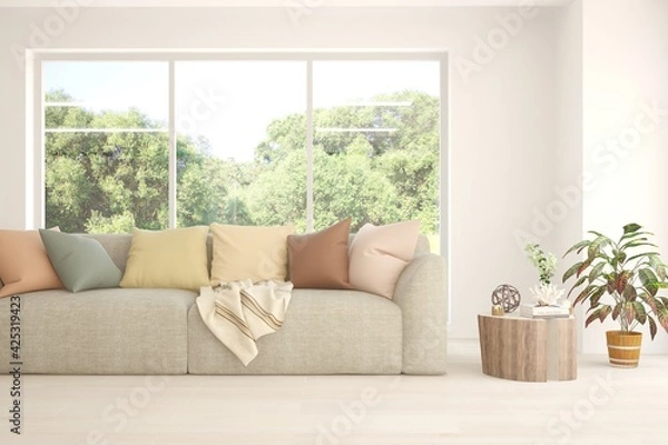 Fototapeta White living room with sofa and summer landscape in window. Scandinavian interior design. 3D illustration