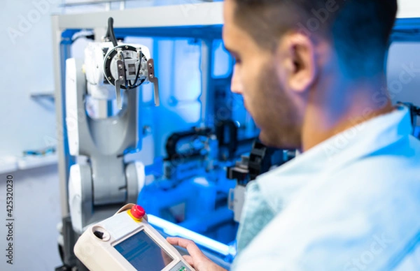 Fototapeta Causasian Engineers Maintenance Robot Arm at Lab. they are in a High Tech Research Laboratory with Modern Equipment. Professional Japanese Development Engineer Testing an Artificial Intelligent.