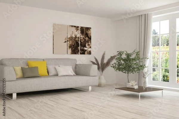 Fototapeta White living room with sofa and summer landscape in window. Scandinavian interior design. 3D illustration