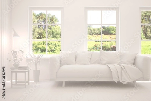 Fototapeta White living room with sofa and summer landscape in window. Scandinavian interior design. 3D illustration