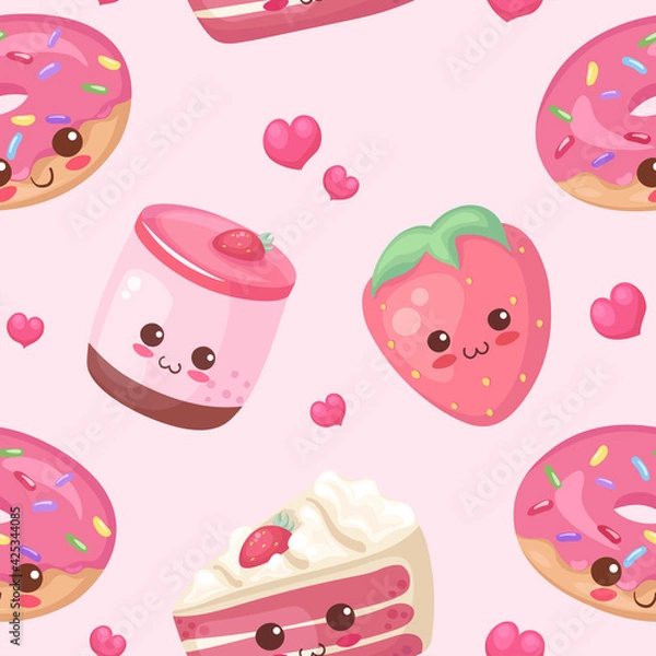 Fototapeta Strawberry cake, berry & donut cartoon characters. Vector kawaii sweet food illustration in cute cartoon style in seamless pattern on light pink colors. Adorable kids menu decoration, poster, print.