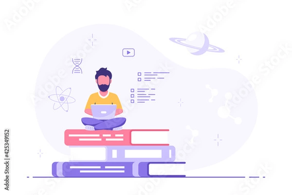 Fototapeta Man with laptop sitting on book stack