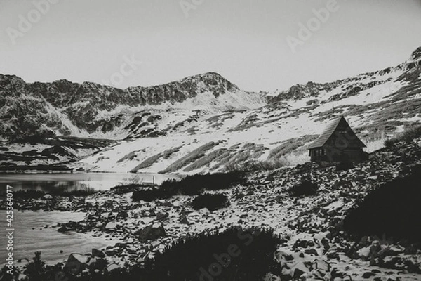 Obraz Creative grainy black and white visualisation of Tatra Mountains. Picture inspired by old postcards. Selective focus on the rocks, blurred background.