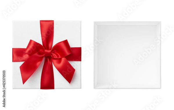 Obraz Open white gift box with lid cut out on white background, Christmas present top view
