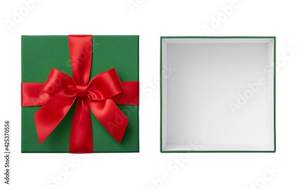Obraz Open green gift box with lid cut out on white background, Christmas present top view