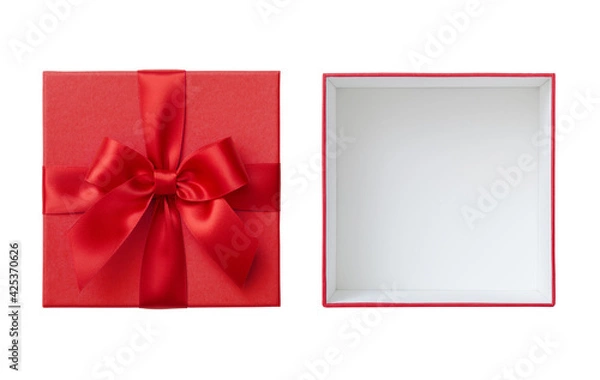 Obraz Otwórz czerwone pudełko prezentowe z pokrywką wyciętą na białym tle, Valentine Present Top View