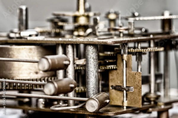 Fototapeta Vintage watch machine macro detail. Close up of old clock.