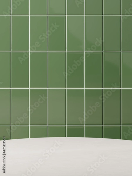 Fototapeta Minimal mockup background for product presentation. White podium on green ceramic tile. Clipping path included. 3d rendering illustration. 