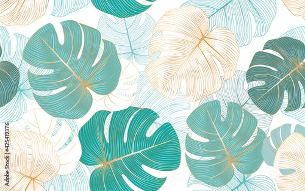 Fototapeta Luxury seamless floral background with golden monstera leaves. Romantic pattern template for wall decor.
