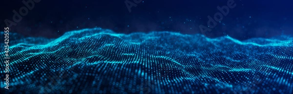Fototapeta Wave of particles. Dynamic wave on blue background. Big data visualization. Data technology abstract futuristic illustration. 3d rendering.