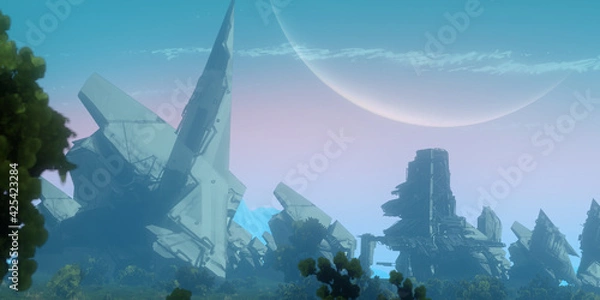 Obraz 3D illustration. Alien planet. Futuristic buildings remnants. Space opera imaginary universe.