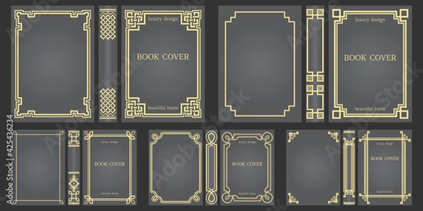Fototapeta Set of Book covers and spine design templates. Classical Old frames. Art Deco Borders design. Geometric pattern. Presentation cover.