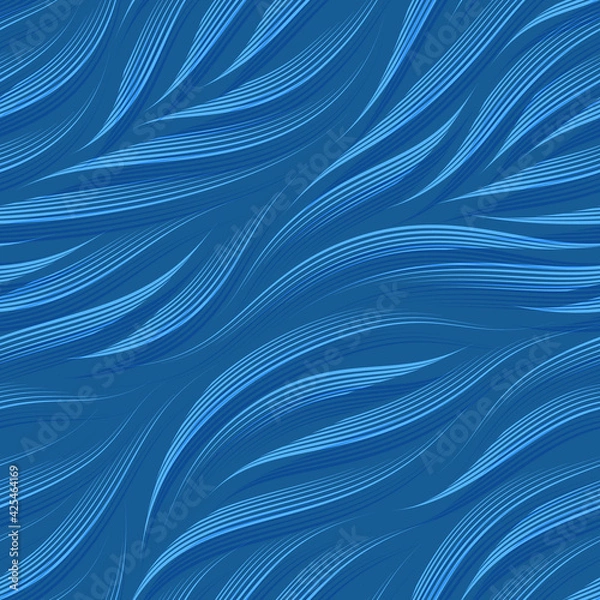 Obraz Seamless vector abstract pattern of blue graceful lines drawn with a pen. Flowing texture from smooth lines.