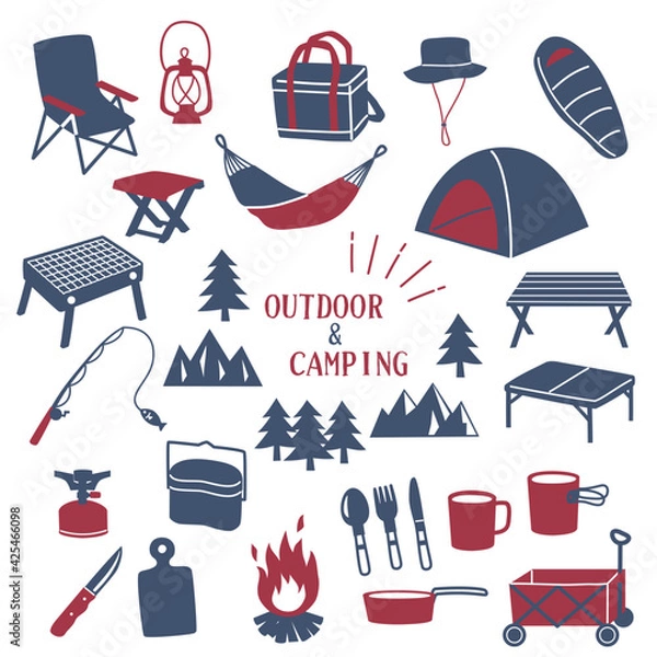 Fototapeta アウトドア・キャンプアイテムのアイコンセット　ネイビー×赤