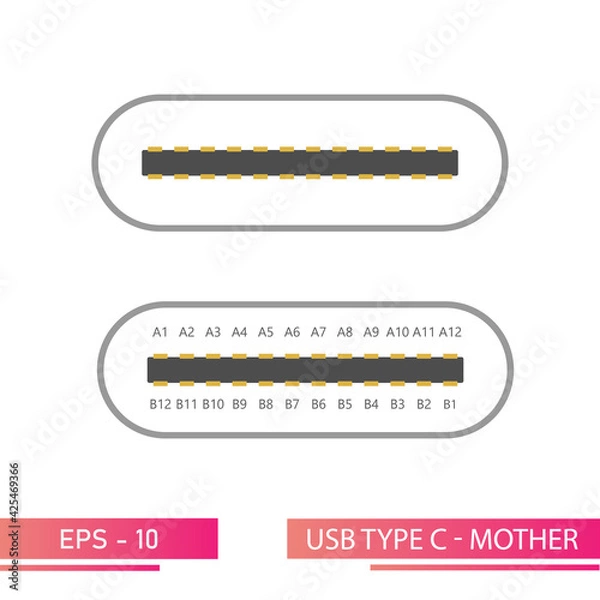 Obraz USB type C-front view of the mom connector in a realistic design. On a white background. Flat vector illustration.
