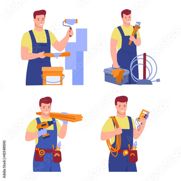 Fototapeta Set of workers of various construction, repair professions. Painter, electrician, carpenter, plumber. Vector illustration in flat cartoon style.